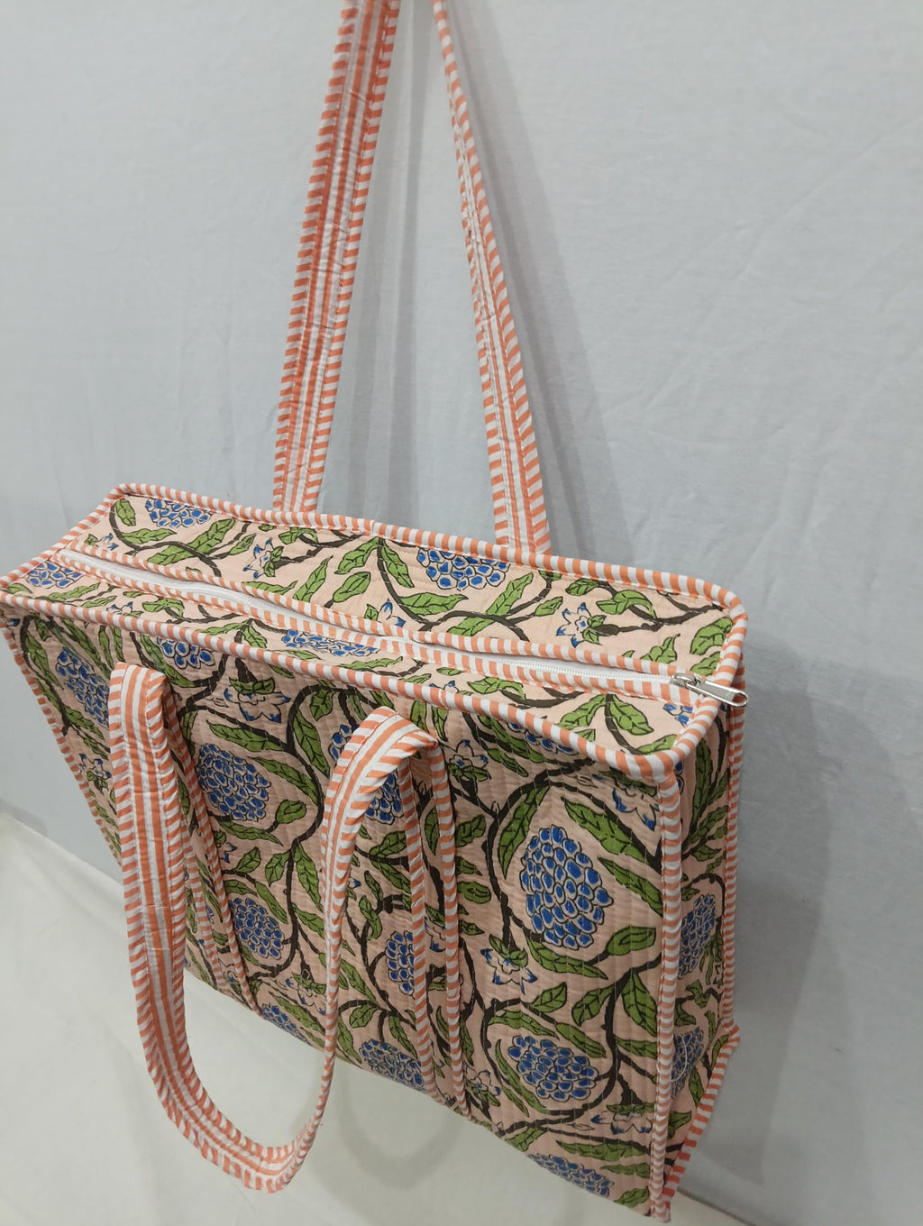 Raj Handicrafts Cotton Printed Tote Bag,Hand Bag Multicolor Quilted Hand Block Floral Printed Women's Carry Bag Shoulder Shopping Tote Bags 18x5.5x16 Inch (Peach 2)