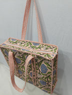 Raj Handicrafts Cotton Printed Tote Bag,Hand Bag Multicolor Quilted Hand Block Floral Printed Women's Carry Bag Shoulder Shopping Tote Bags 18x5.5x16 Inch (Peach 2)