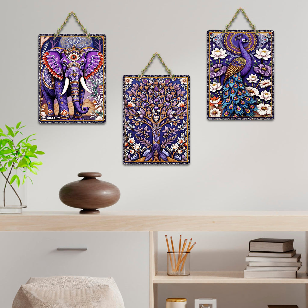 Artvibes Elephant & Peacock Aesthetic Modern Art Wooden Art Decoration Item for Living Room | Art For Wall | Door Decoration Items | Wall Poster | Paintings For Wall | Gift Items (WH_9643N), Set of 3