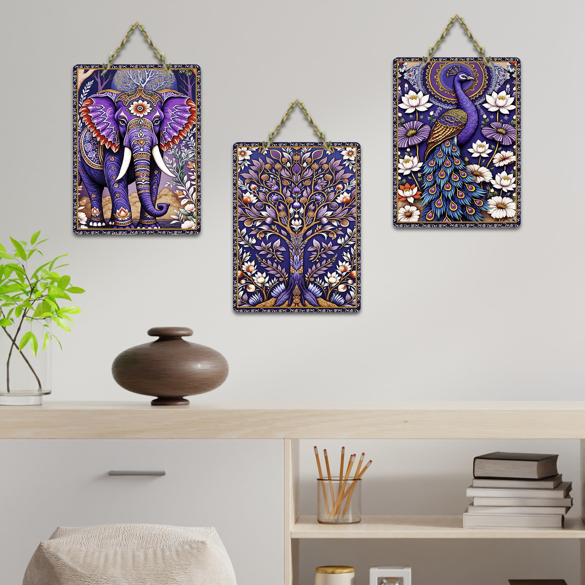 Artvibes Elephant & Peacock Aesthetic Modern Art Wooden Art Decoration Item for Living Room | Art For Wall | Door Decoration Items | Wall Poster | Paintings For Wall | Gift Items (WH_9643N), Set of 3