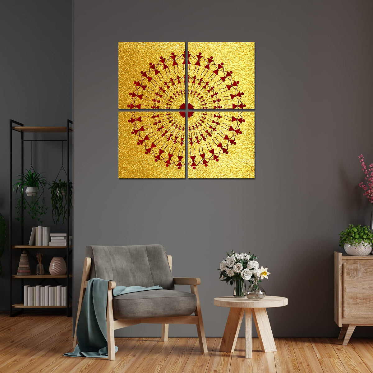 VIBECRAFTS Beautiful Warli Art 4 Pieces Canvas Wall Hanging Painting Fitted With Wooden Frame For Home | Office | Living Room | Gifts (PTVC4Pcs5_16602)