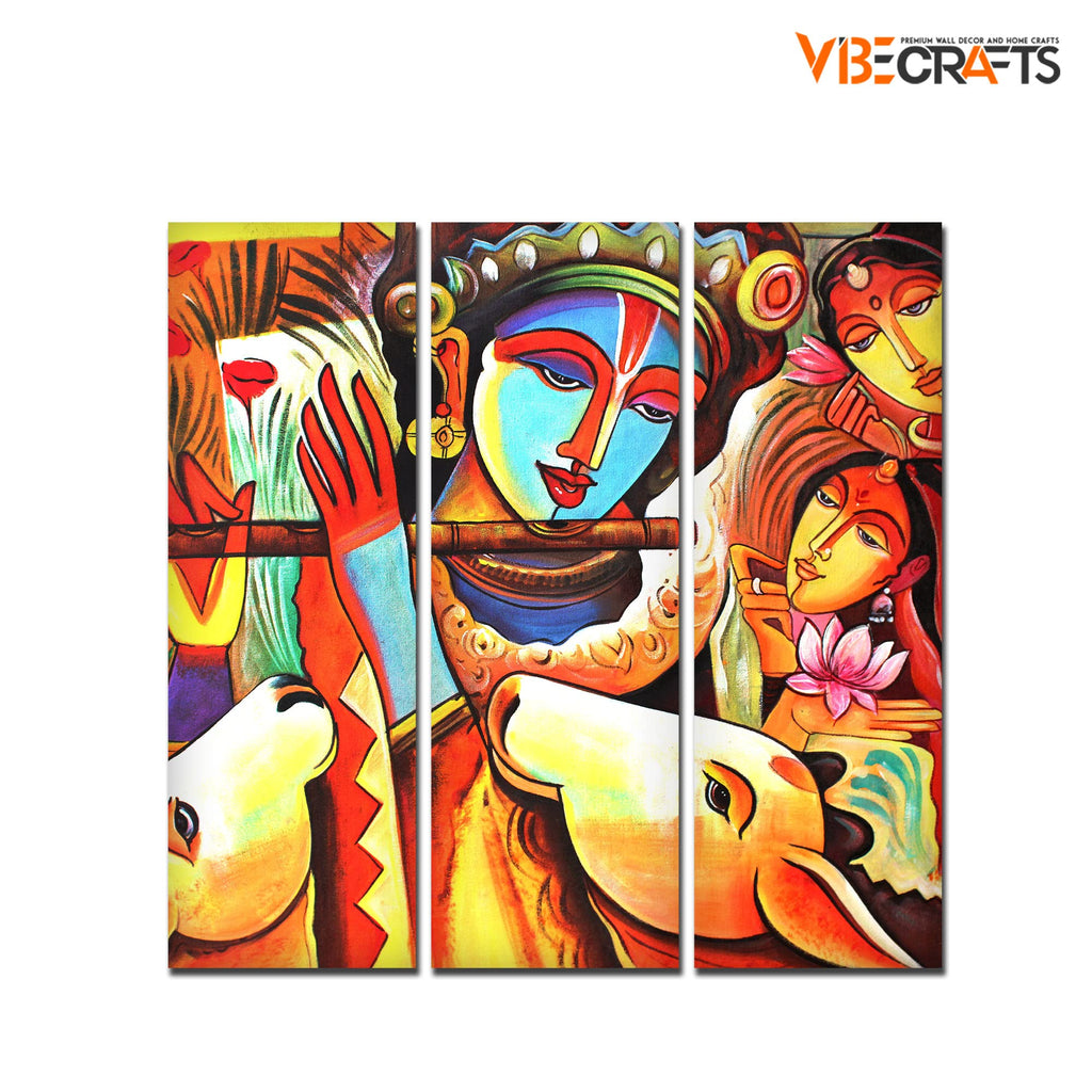 VIBECRAFTS 3 Pieces Beautiful Radha Krishna Canvas Wall Painting Fitted With Wooden Frame For Home | Office | Living Room | Gifts (PTVC3Pcs1_9550)