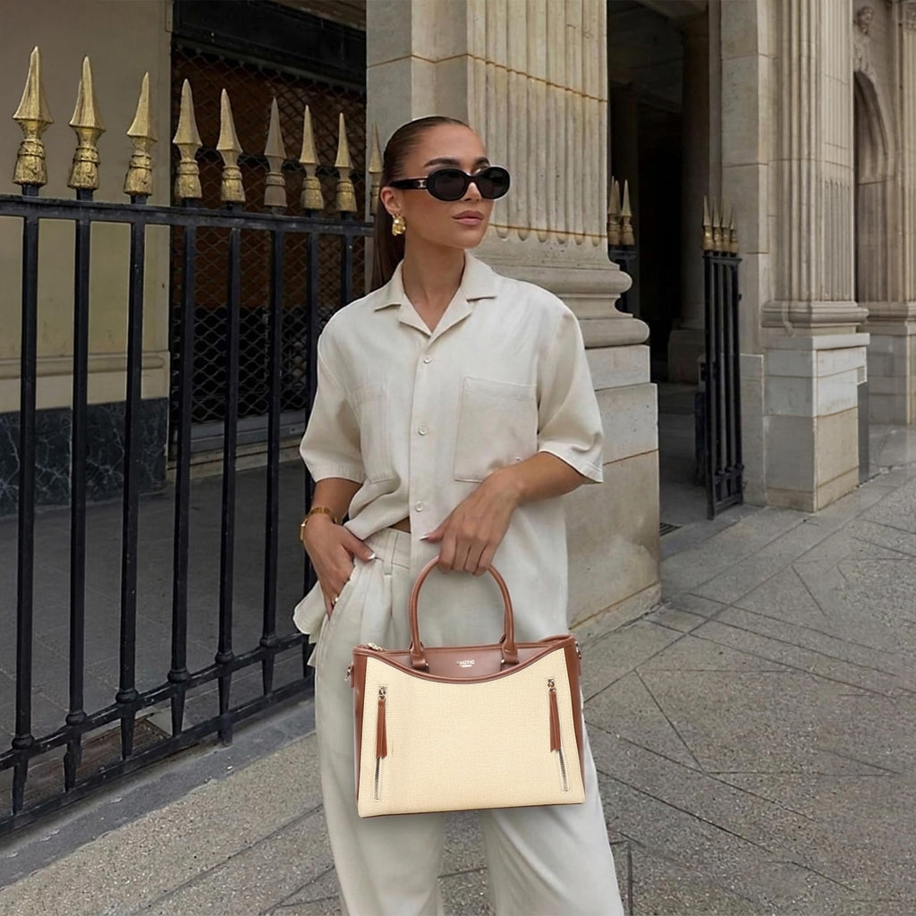 EXOTIC Alvara Tote Bag for Women | Multi-Compartment Handbag with Laptop Space, Front Zip Pockets & Luggage Sleeve | Premium PU Leatherette Work & Travel Tote (BEIGE)