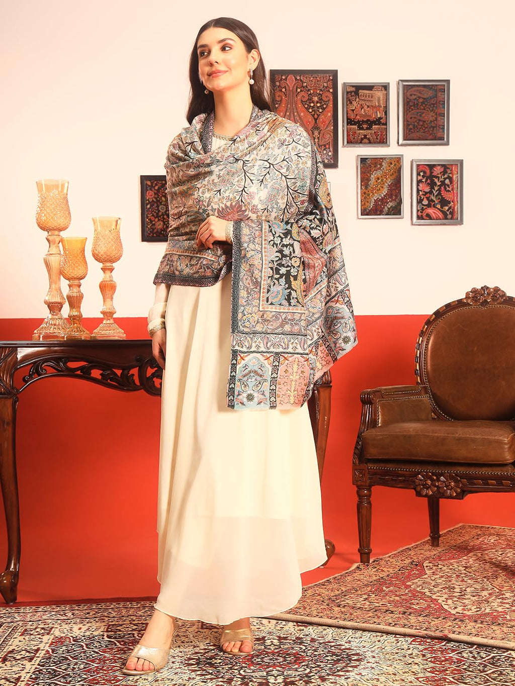 Pashmoda Women Guldasta Fine Wool Fabric Pashmina Kalamkari Embroidered Shawl (Size: 40x80in, 101x203cm) KAS13