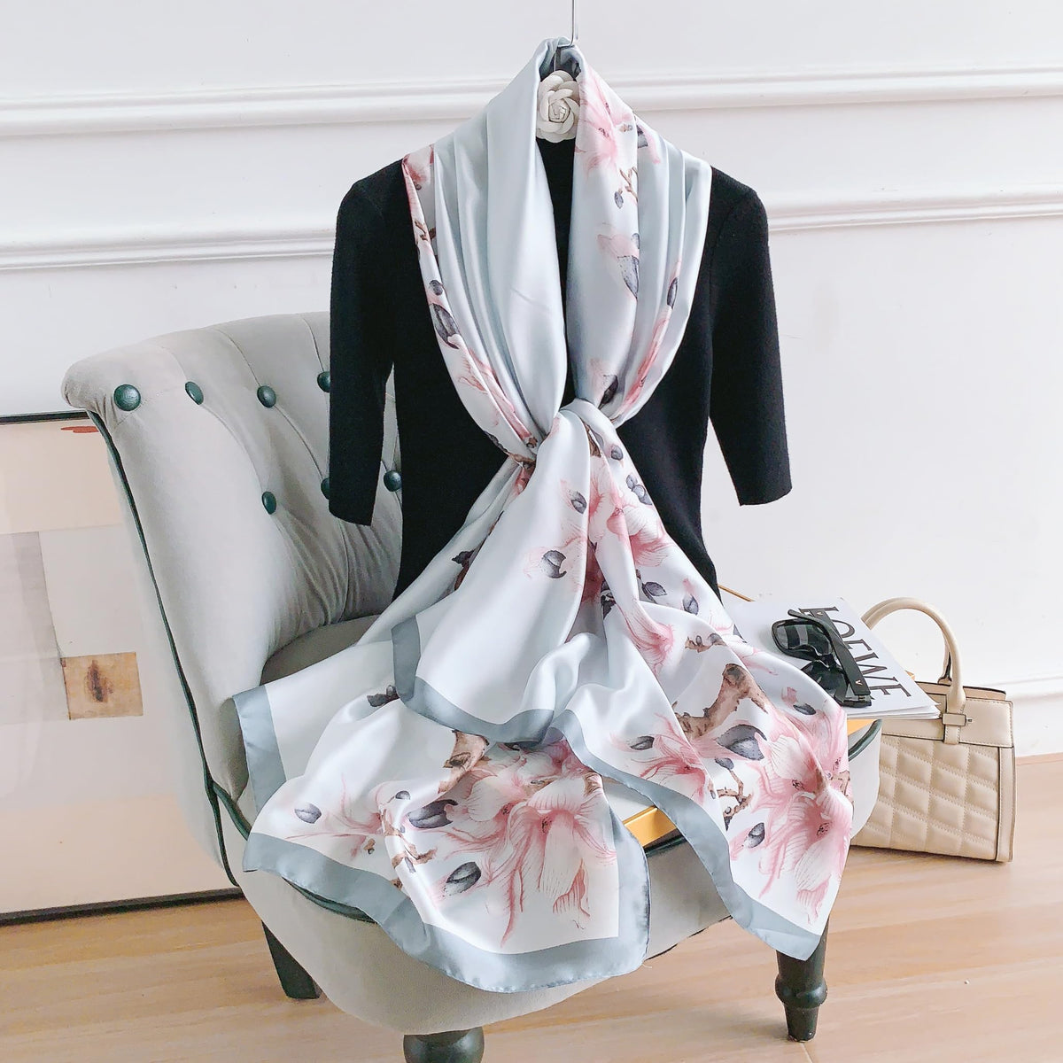 CrossKulture Acacia Haze & Pink Satin Silk Scarf for Women | Soft, Lightweight Satin Feel Neck Scarf, Hair Scarf, Head Scarf | Long Silken Stole