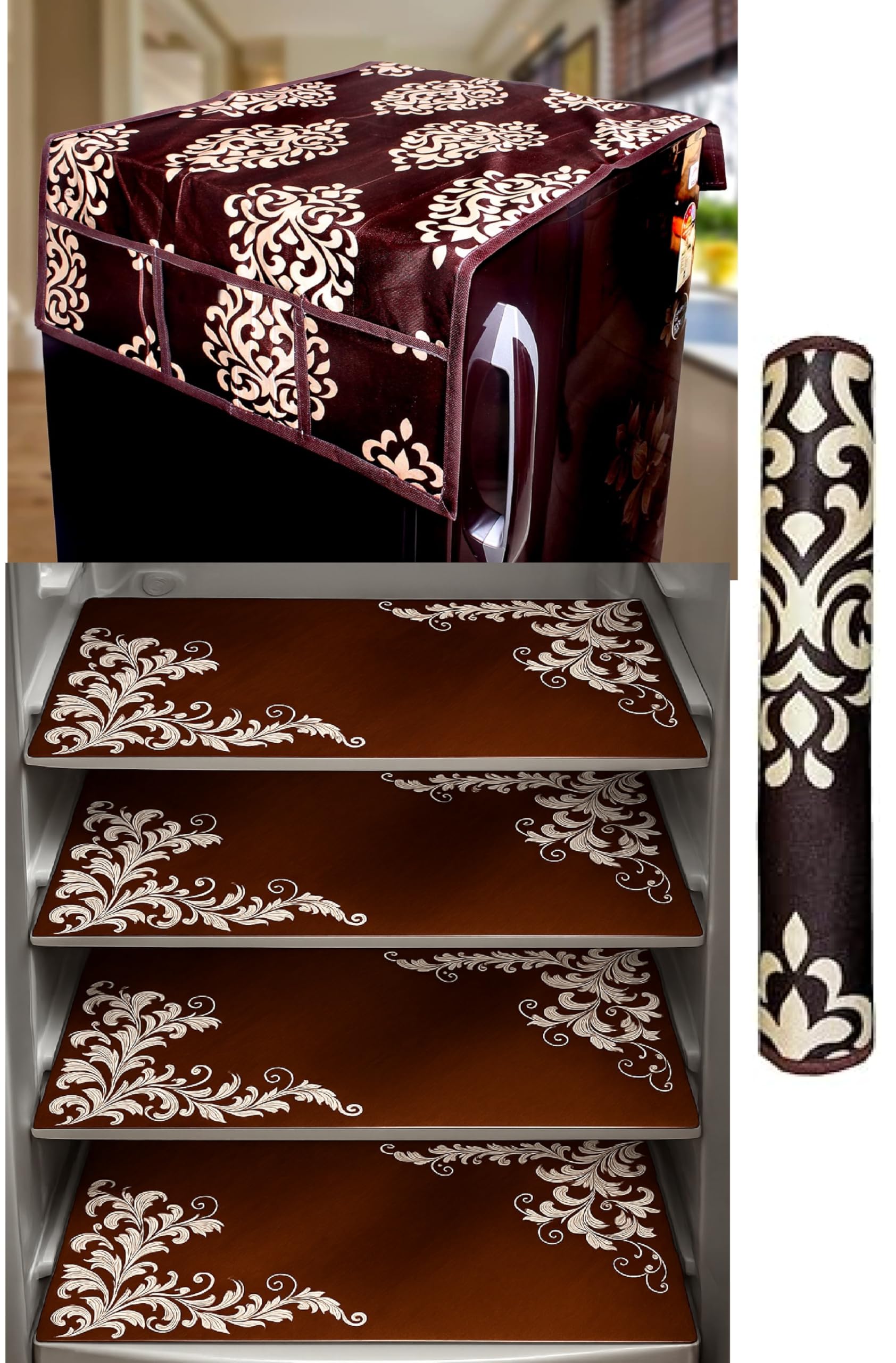 REVEXO Kitchen Combo Fridge Top Cover, 2 Piece Fridge Handle Cover, 4 Pcs Fridge Mats, (Set of 6 Piece) rev-029 Kafalo