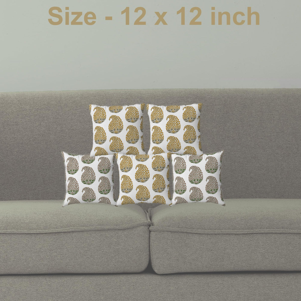 Trance Home Linen 100% Thick Cotton Printed 12x12 inch Cushion Covers for Sofa and Diwan | Throw Pillow/Small Cushion Pillow Covers (12x12 inch | 30cmx30cm, Golden & Crimson Paisley) – Set of 5