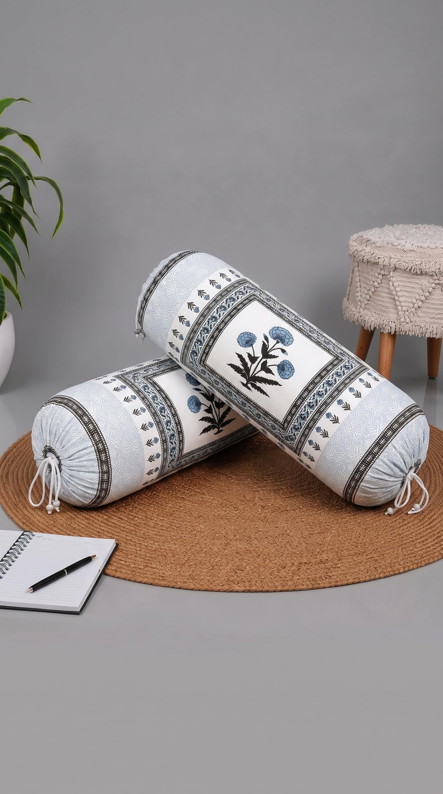 BLOCKS OF INDIA Cotton Hand Block Printed Bolster Cover | Booster Cover with Drawstring | Round Long Pillow Cover for Bed | Dewan Pillow Cover Set 16 X 32 | Set of 2 (Color 48)