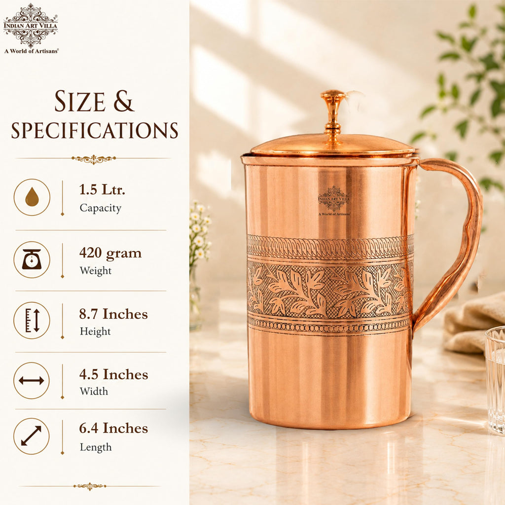 Indian Art Villa Embossed Design Copper Jug Pitcher, Serveware & Drinkware, Beneficial for Health, 1500 ML
