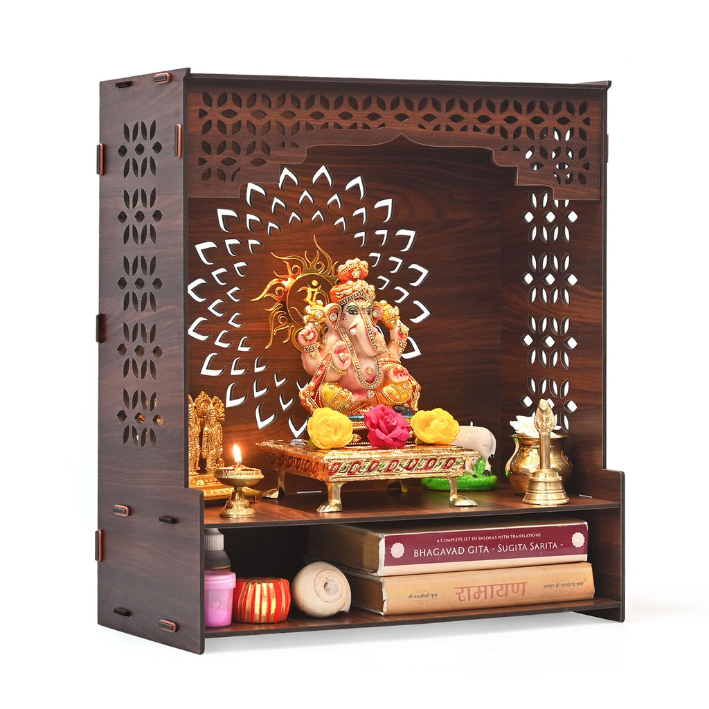 Gift Kya De GKD Wooden Beautiful Pooja Stand for Home Mandir | Floral Om Temple for Home and Office Puja Mandir for Office Wall with LED Spot Light Product (H- 18, L- 16, W-8.75 Inch) (Floral Om)