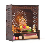Gift Kya De GKD Wooden Beautiful Pooja Stand for Home Mandir | Floral Om Temple for Home and Office Puja Mandir for Office Wall with LED Spot Light Product (H- 18, L- 16, W-8.75 Inch) (Floral Om)