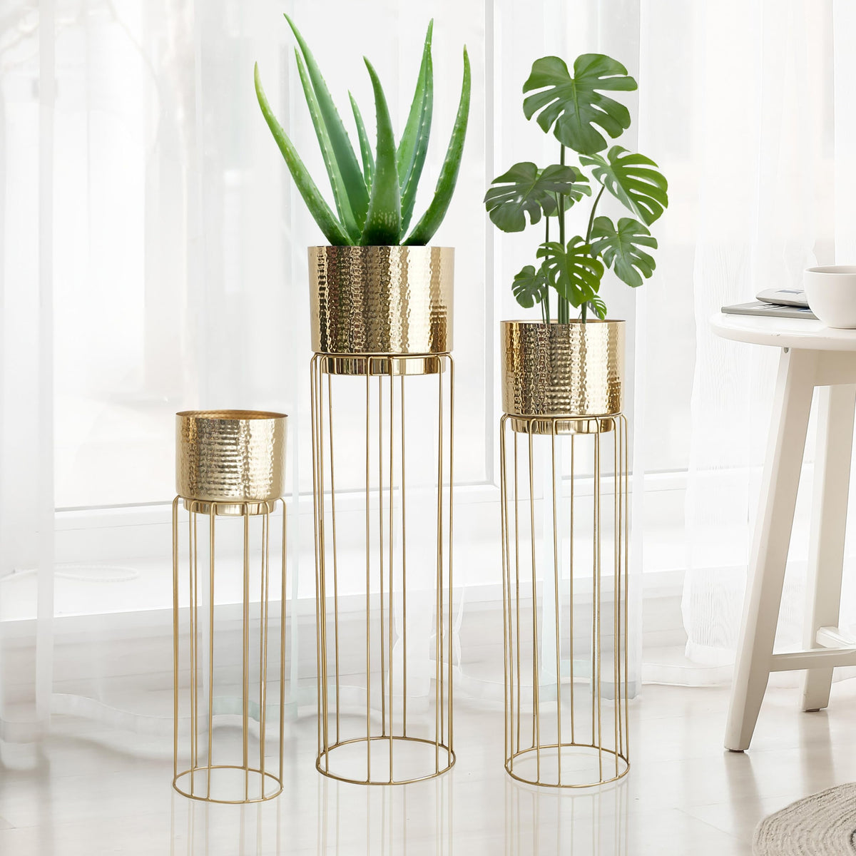 BEHOMA Gold Metal Floor Planters with Stand, Set of 3 - Living Room