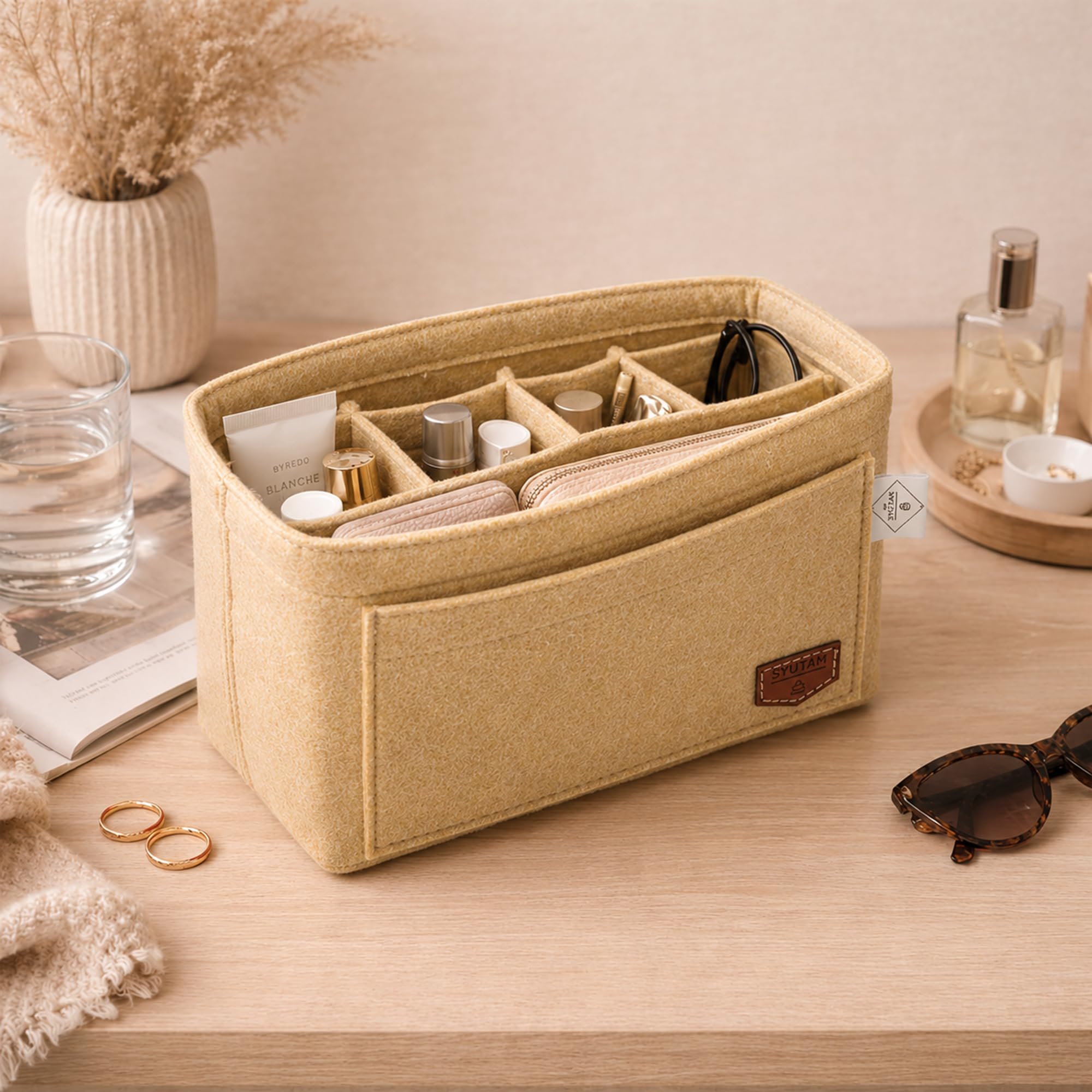 SYUTAM Women Felt Purse Organizer Insert for Ladies Handbag, Tote, Hobo Bag Storage & Purse Divider, Multiple Storage Compartment - Beige(8.85x4.5x5.5) inch (Small)