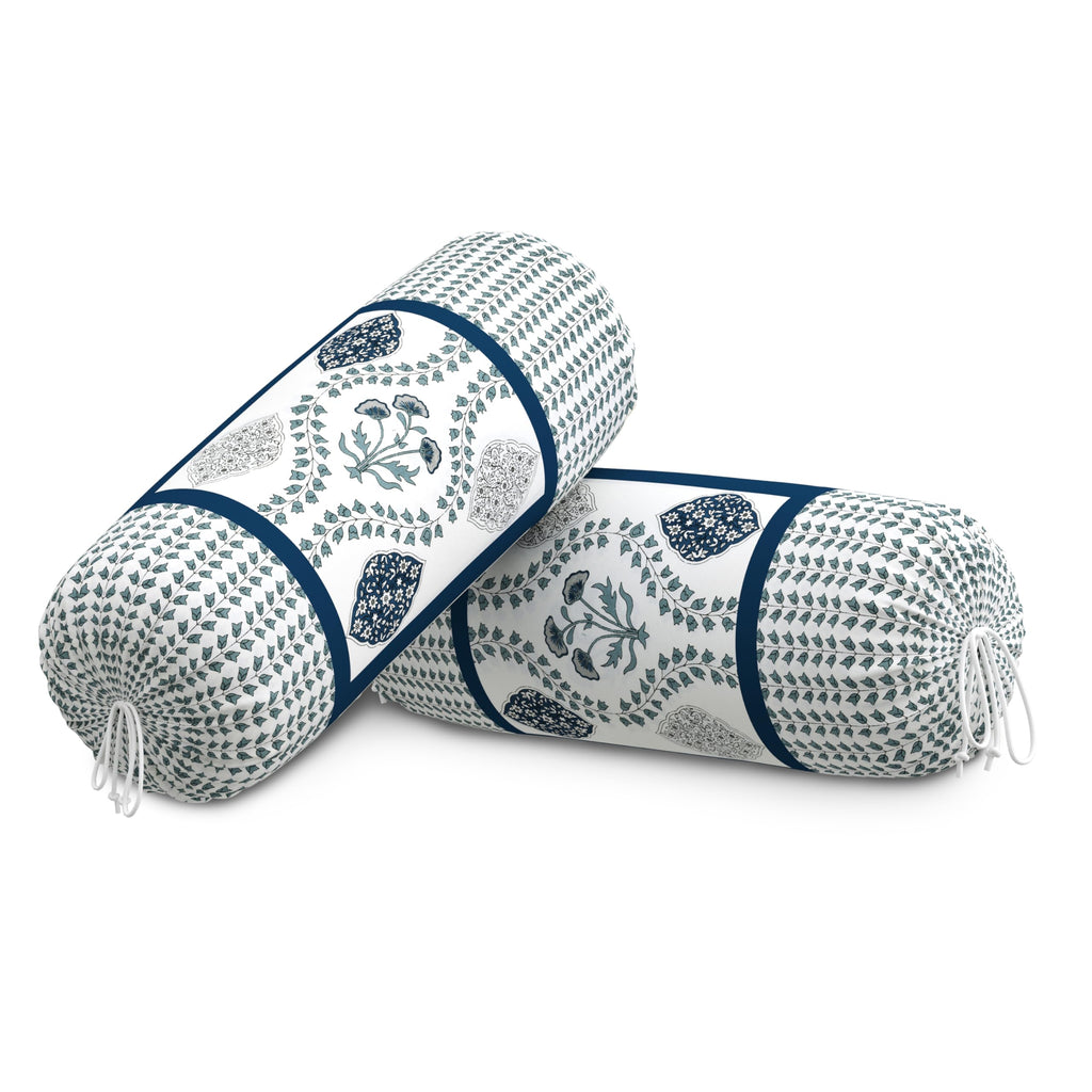 BLOCKS OF INDIA Cotton Hand Block Printed Bolster Cover | Booster Cover with Drawstring | Round Long Pillow Cover for Bed | Dewan Pillow Cover Set 16 X 32 | Set of 2 (Royal Motifs Blue)