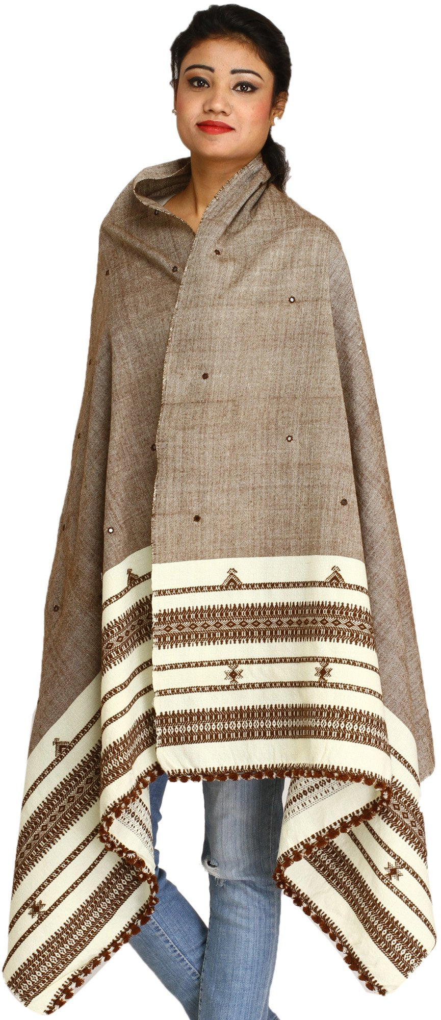 Exotic India Shawl from Kutch with Embroidered Mirrors - Color Stucco Brown