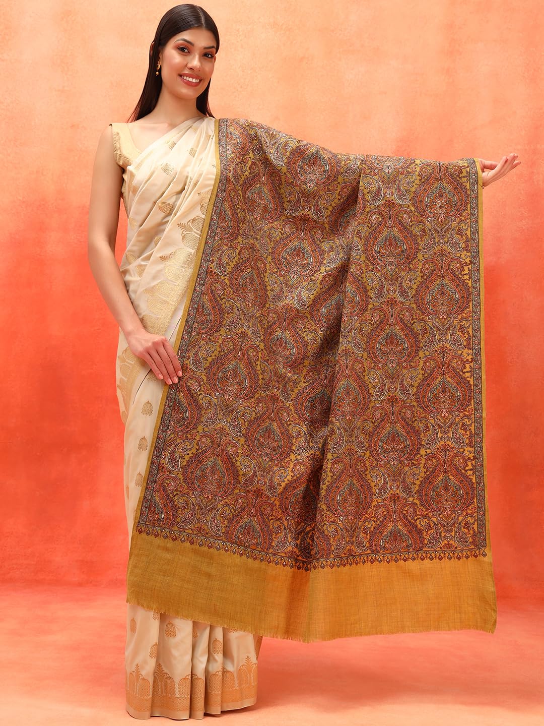 Pashmoda Women Kaarigari 100% Pure Wool Fabric Sozni Embroidered Shawl, Stole and Wrap, Heritage Pashmina Kashmiri Stole, Shawl, Wrap (Size: 40x80 Inches, MustardGreen Color) LIS39