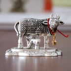 KridayKraft Kamdhenu Cow with Calf Metal Rajasthani Handicrafts Decorative Showpiece for Gifting Anniversary Valentine's Day (Silver)