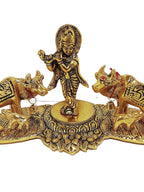 RCI Handicrafts Metal Cow Pair with Krishna Standing Luck Holy Spiritual Showpiece for Home Decor (Gold, 21x11x9)