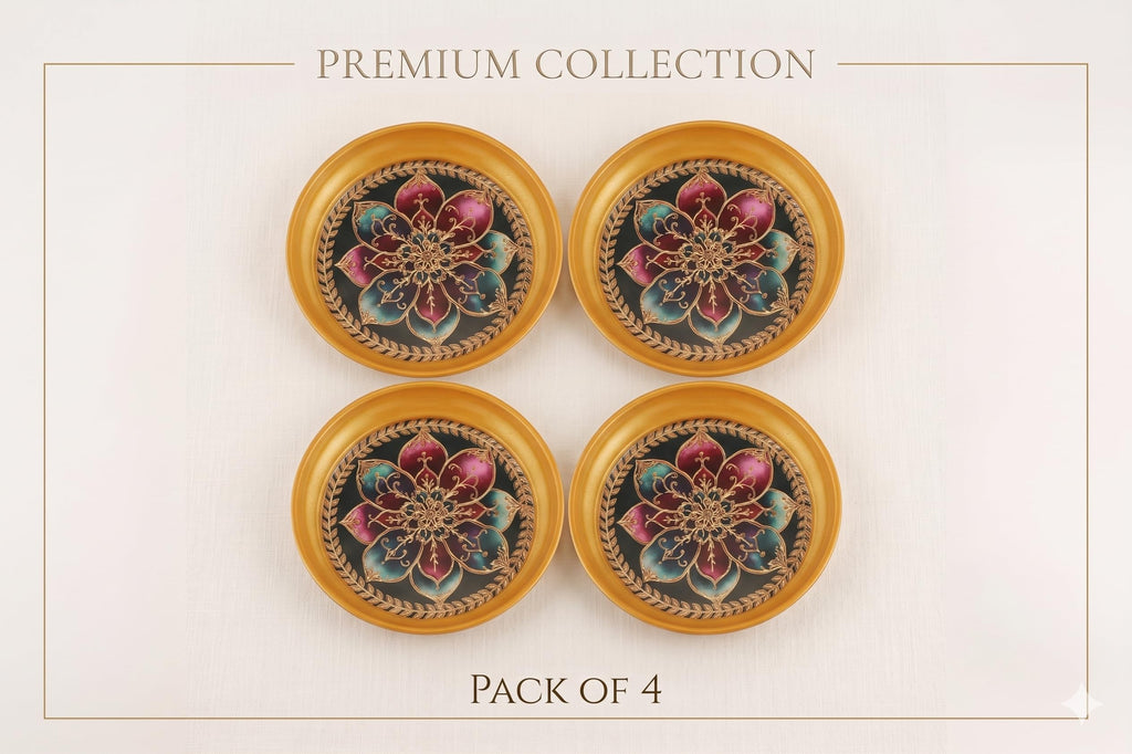 R AYURVEDA COPPER Metal Set of 4 Ornate Dessert Serving Plates - 6 Inch Decorative Enamel & Gold Foiled Finish Trays - Perfect for Indian Sweets, Macarons, Festivals & Family Parties