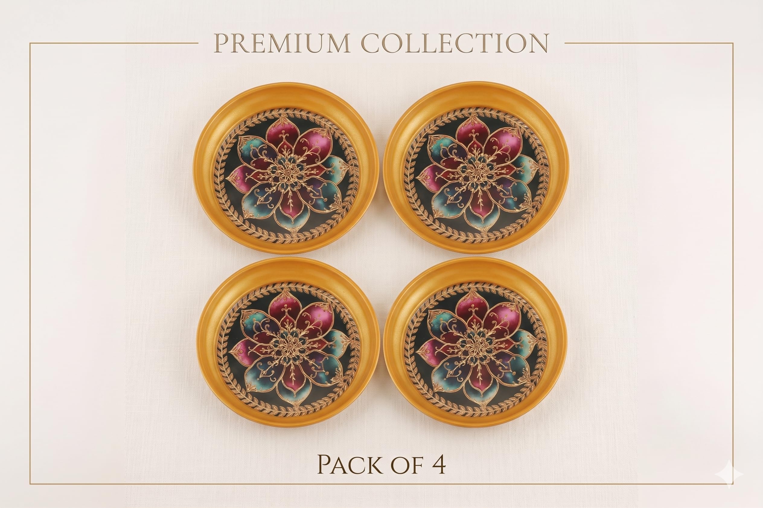 R AYURVEDA COPPER Metal Set of 4 Ornate Dessert Serving Plates - 6 Inch Decorative Enamel & Gold Foiled Finish Trays - Perfect for Indian Sweets, Macarons, Festivals & Family Parties