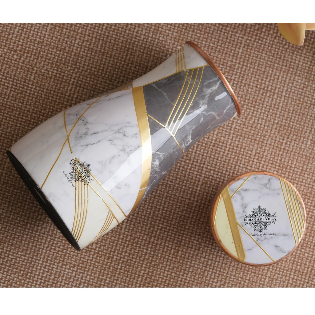 INDIAN ART VILLA Gold Marble Print Copper Water Bedroom Bottle, Designer Copper Drinkware, Volume- 950 ML