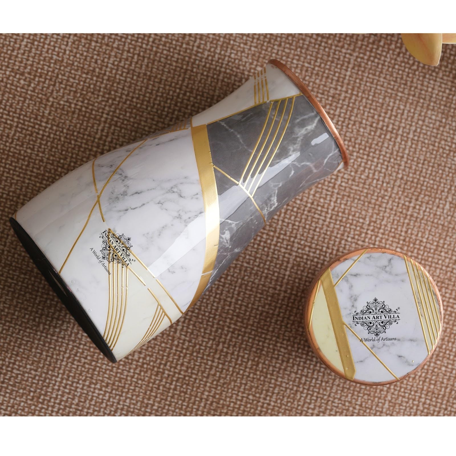 INDIAN ART VILLA Gold Marble Print Copper Water Bedroom Bottle, Designer Copper Drinkware, Volume- 950 ML