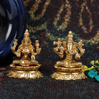 ARTVARKO Brass Lakshmi Ganesh Sitting on Lotus Luxmi Ganesha Statue Mangalkari Ganpati Laxmi Idol Murti for Puja Home Décor Showpiece Gift 3.25 Inch