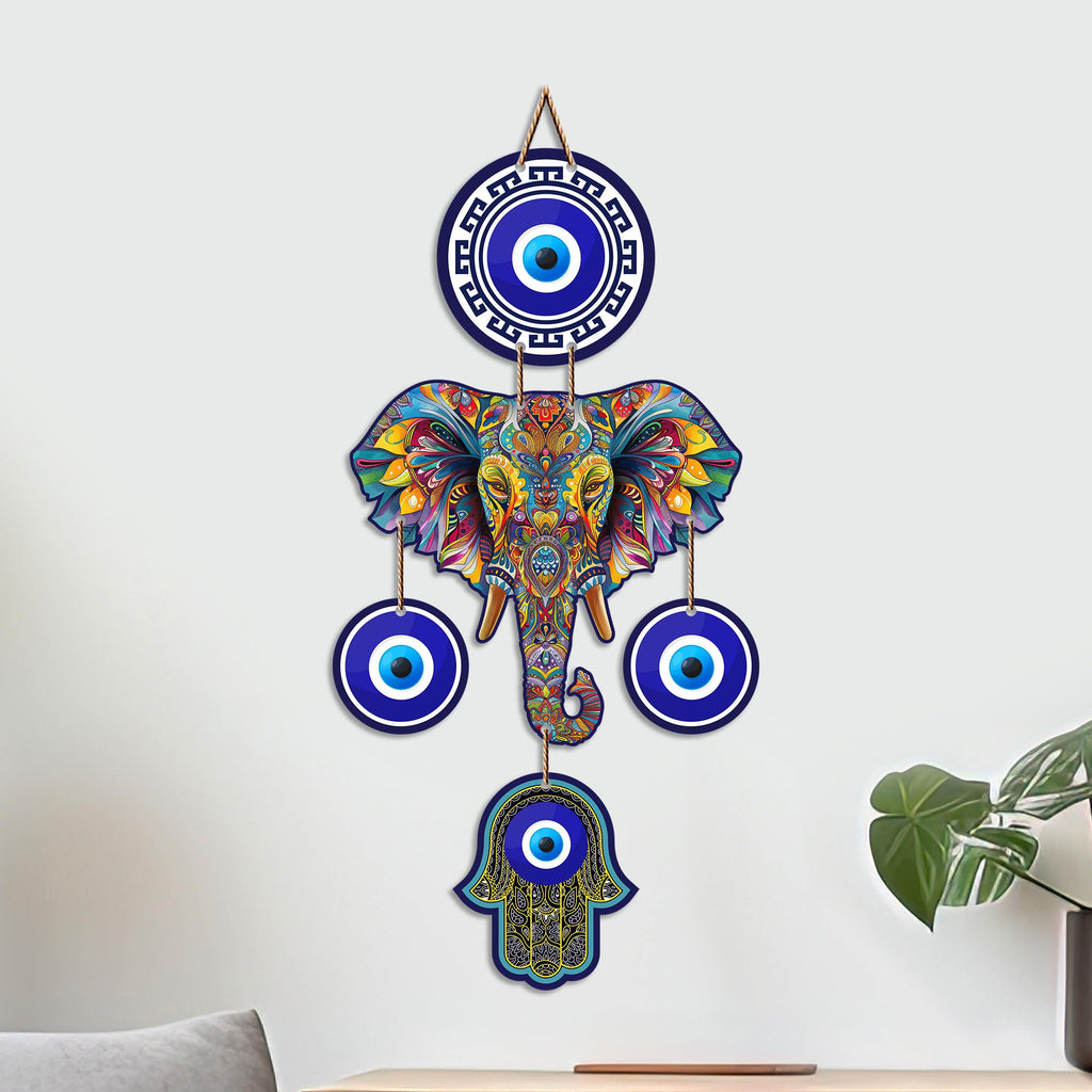 Artvibes Elephant Family Evil Eye Wall Hanging for Home Entrance | Nazar Battu MDF Wall Decor | Positive Energy Vastu Art for Living Room | Hallway | Office & Main Door | Gift Item (WH_8549N)