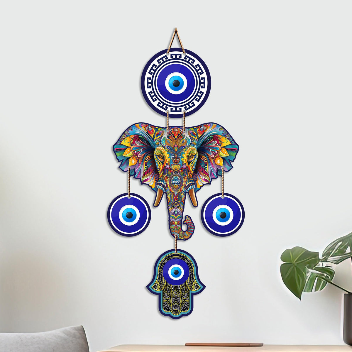 Artvibes Elephant Family Evil Eye Wall Hanging for Home Entrance | Nazar Battu MDF Wall Decor | Positive Energy Vastu Art for Living Room | Hallway | Office & Main Door | Gift Item (WH_8549N)