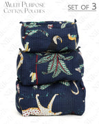 NIKAVIK 1 Tote Bags and 3 Pouch Quilted fabric Handblock Printed Tote Bag(with zip) and bottle compartment with Matching Pouches (Blue)