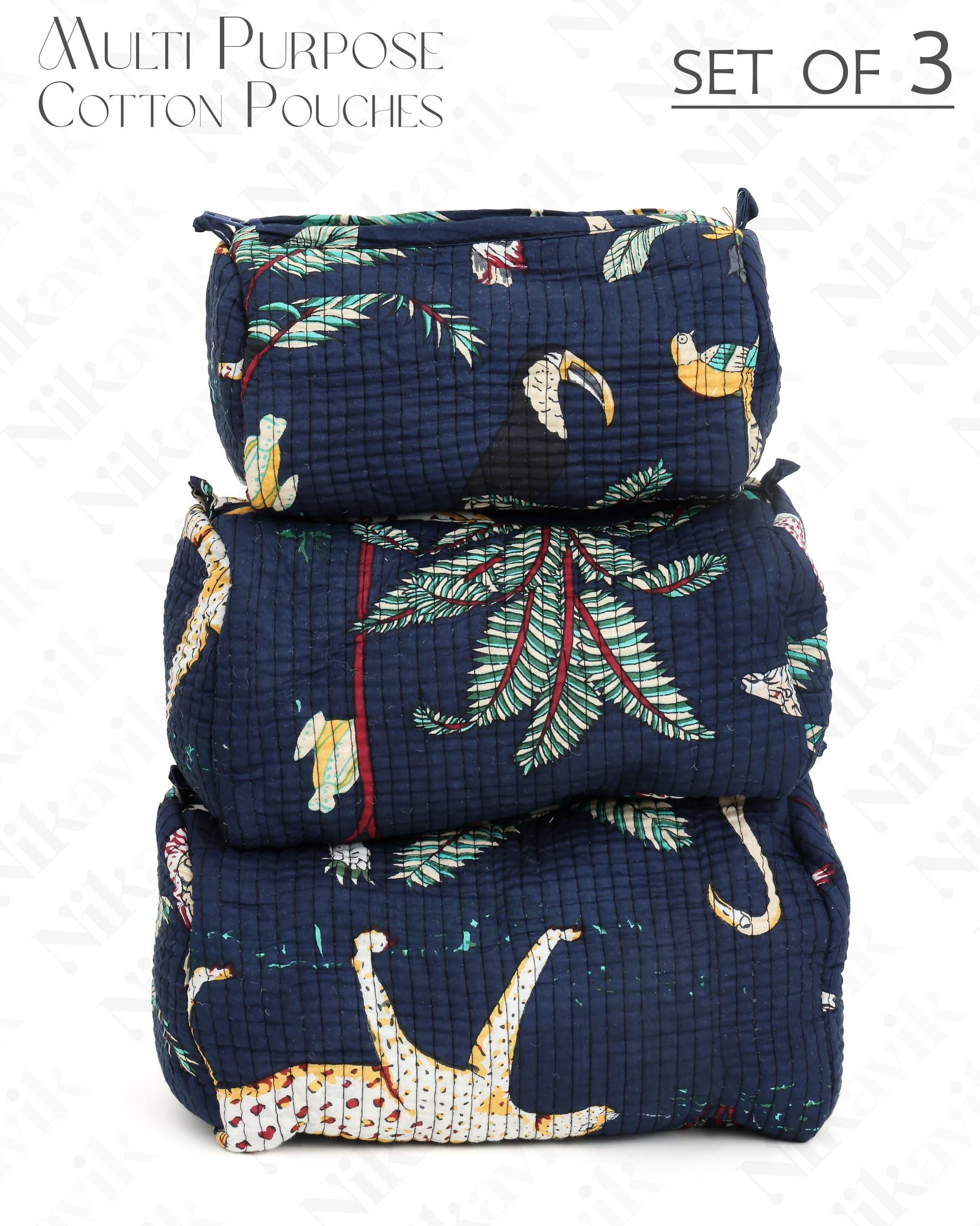 NIKAVIK 1 Tote Bags and 3 Pouch Quilted fabric Handblock Printed Tote Bag(with zip) and bottle compartment with Matching Pouches (Blue)