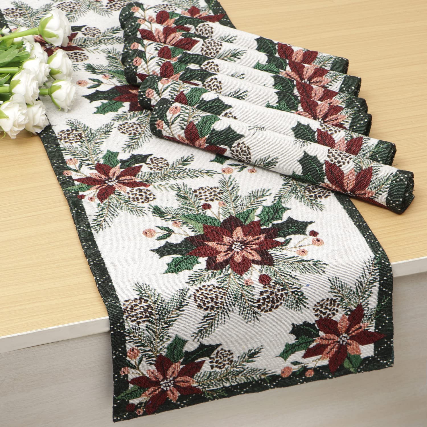 HOKIPO Cotton Jacquard 6 Placemats With Runner For Dining Table 6 Seater (In530-D1*6+In531), Large, White Kafalo