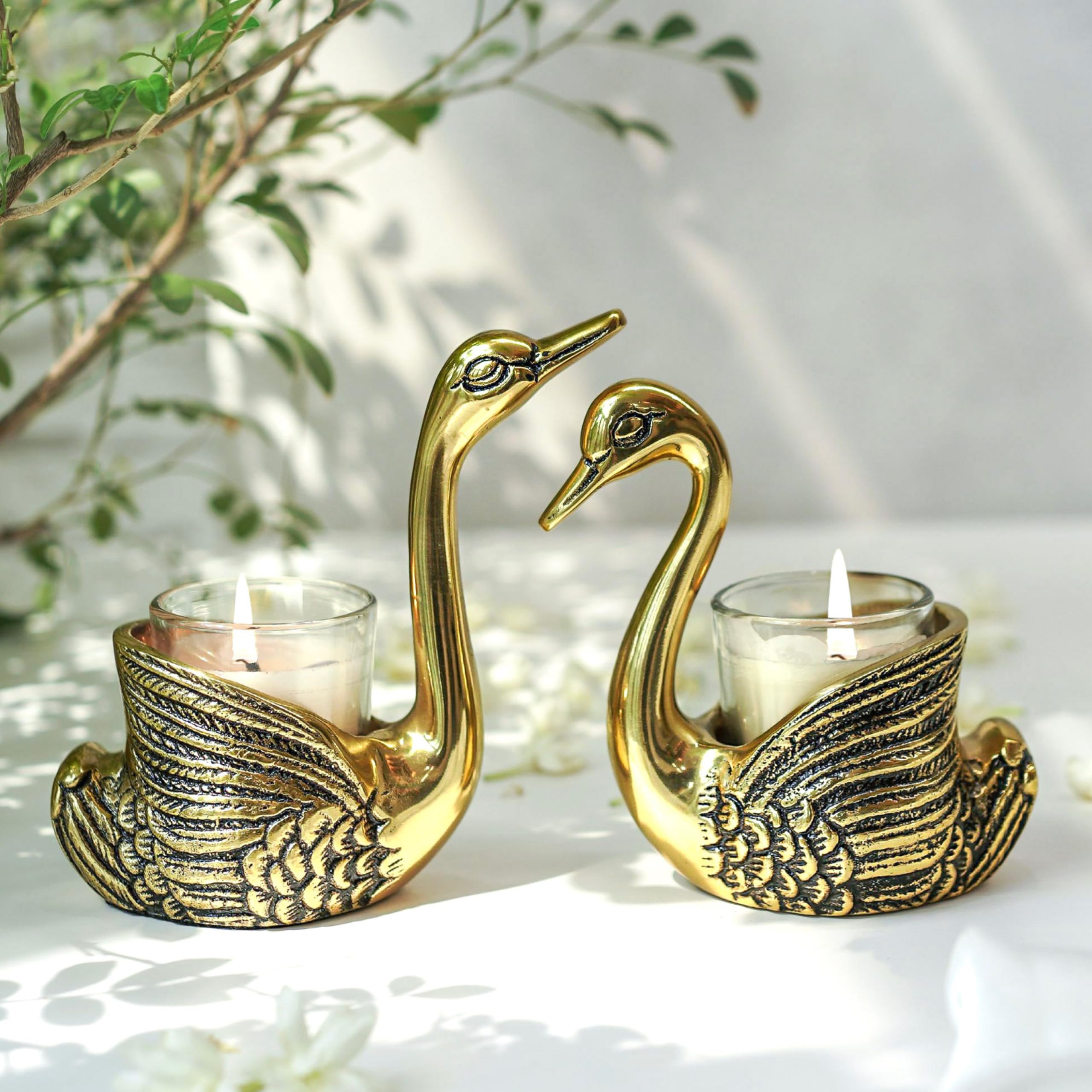 BEHOMA Set of 5 Pair Metal Golden Swan Candle Holders with Gift Box
