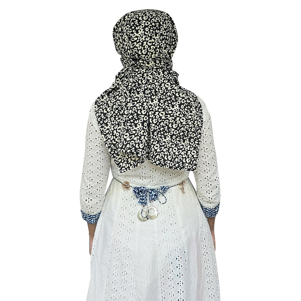 Switchon Scarf Hijab Rayon Printed fancy scarf for women Size Adjustable -Hook loop tape- For 10 yrs and above (Black_Off-white)