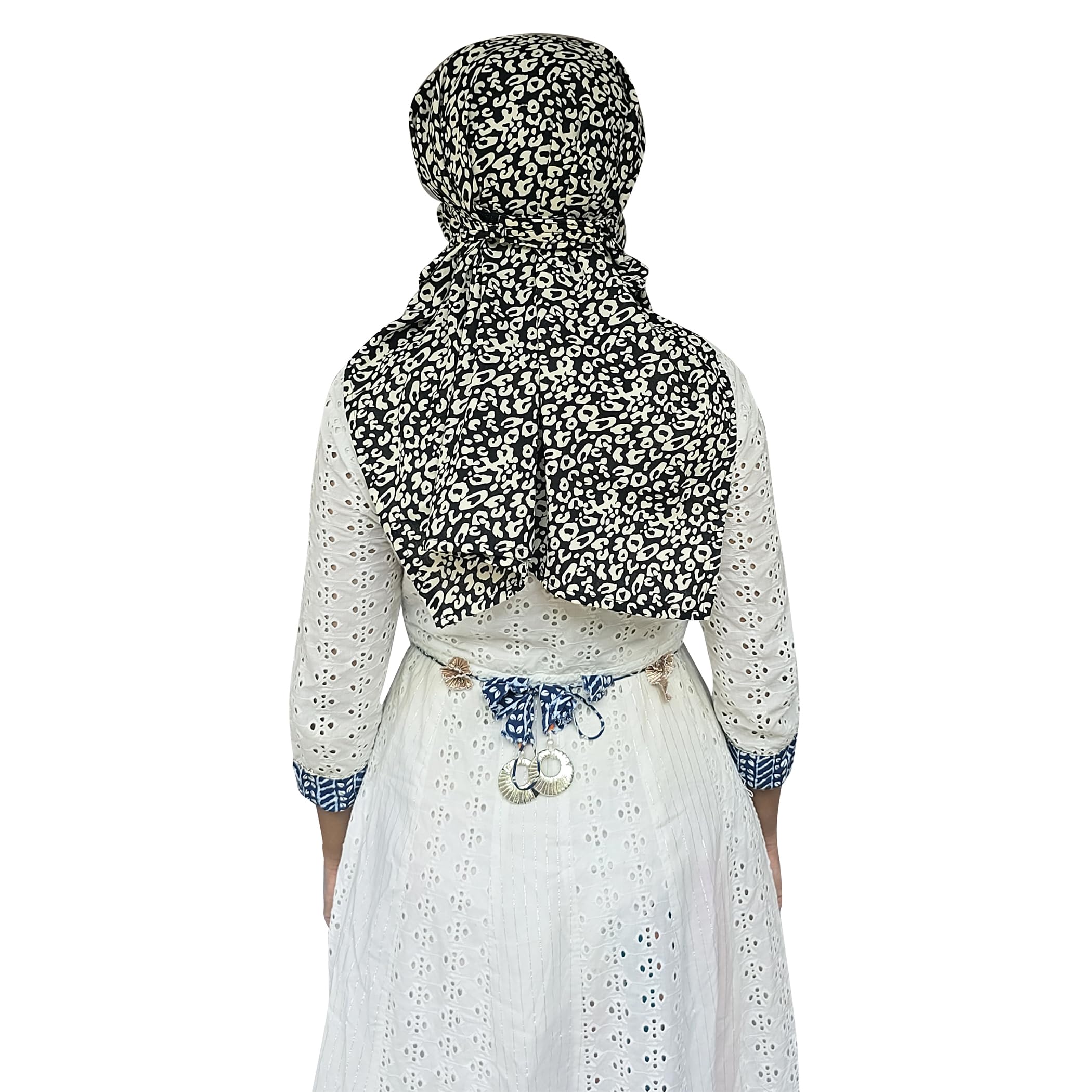 Switchon Scarf Hijab Rayon Printed fancy scarf for women Size Adjustable -Hook loop tape- For 10 yrs and above (Black_Off-white)