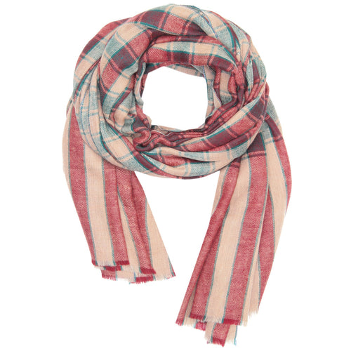 100% Cashmere Handmade in Kashmir (Gift Box) Ultra Soft Warm Superfine Check & Stripe Pashmina Shawl Beige Multicolour