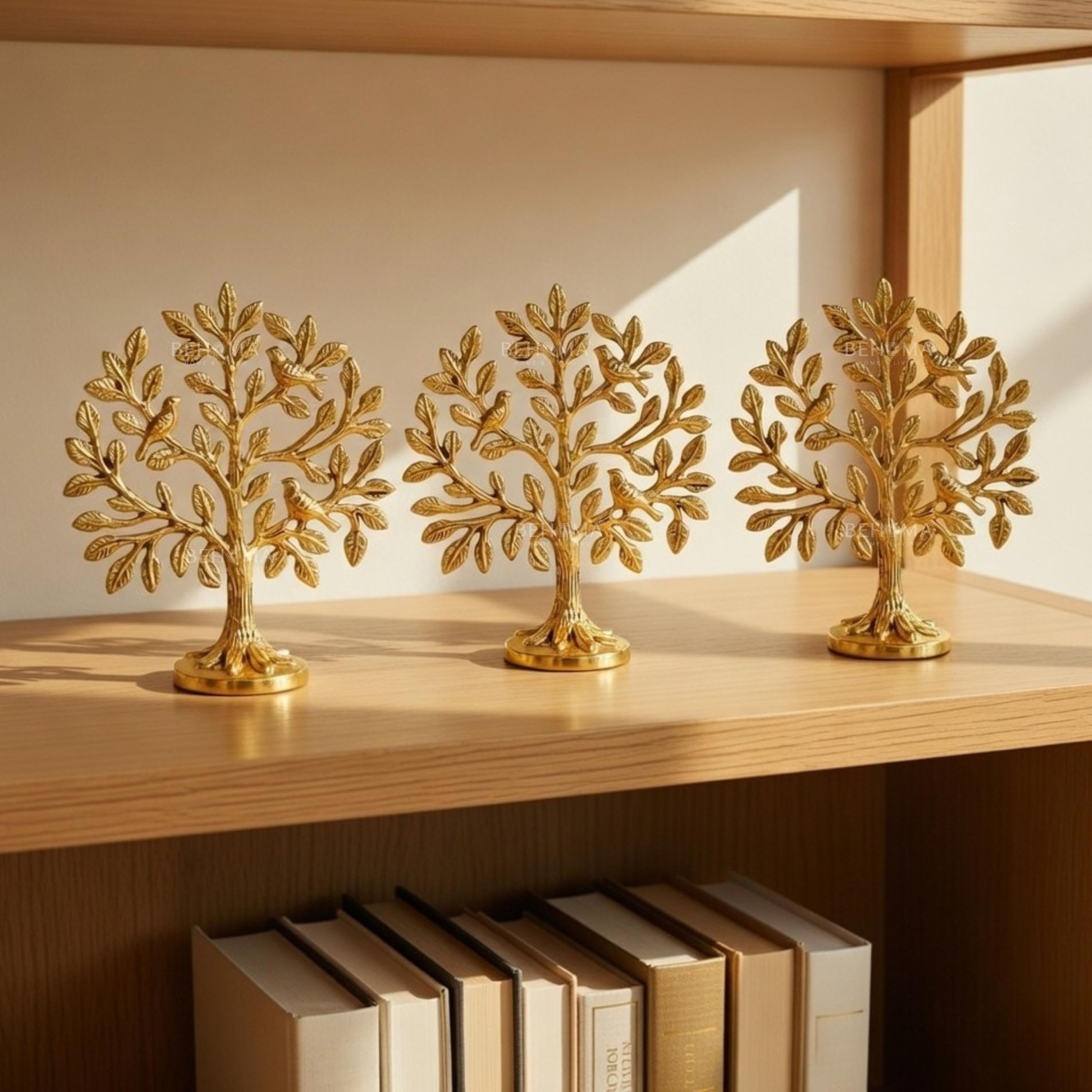 BEHOMA Brass (6 inch) Kalpvriksh Tree with Birds Set - Set of 3