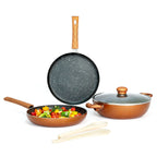 Kreme Petals 3 Piece Non-Stick Cookware Set | Granite Coating | Induction Base | PFOA Free | Lead Free | 25cm Tawa, 24cm Kadai, 24cm Fry Pan,1 Glass Lid & 2 Wooden Spoon | ISI Certified | Copper