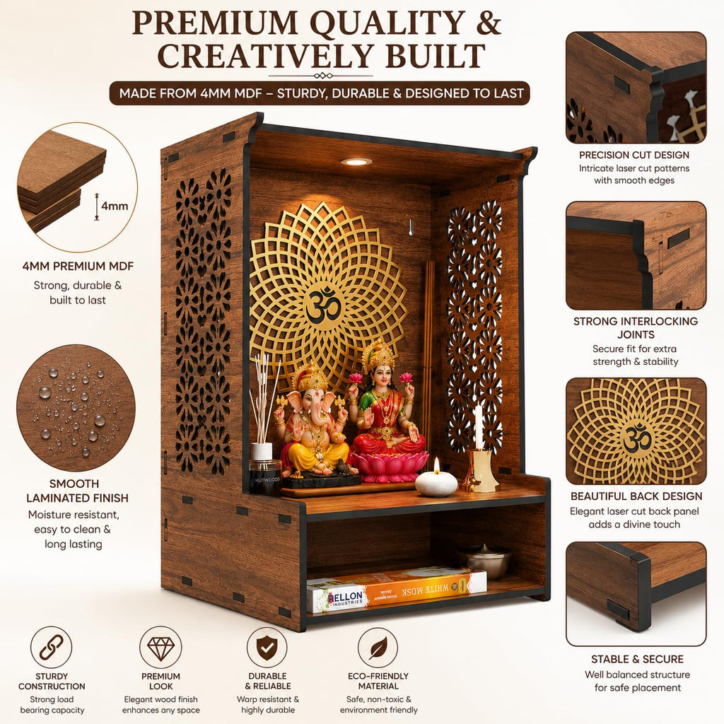 Fliptic Wooden Temple for Home with LED Spotlight | Wall Mounted Pooja Mandir for Home & Office | Decorative Wooden Mandir with Elegant Design for Living Room, Prayer Room & Home Temple Décor
