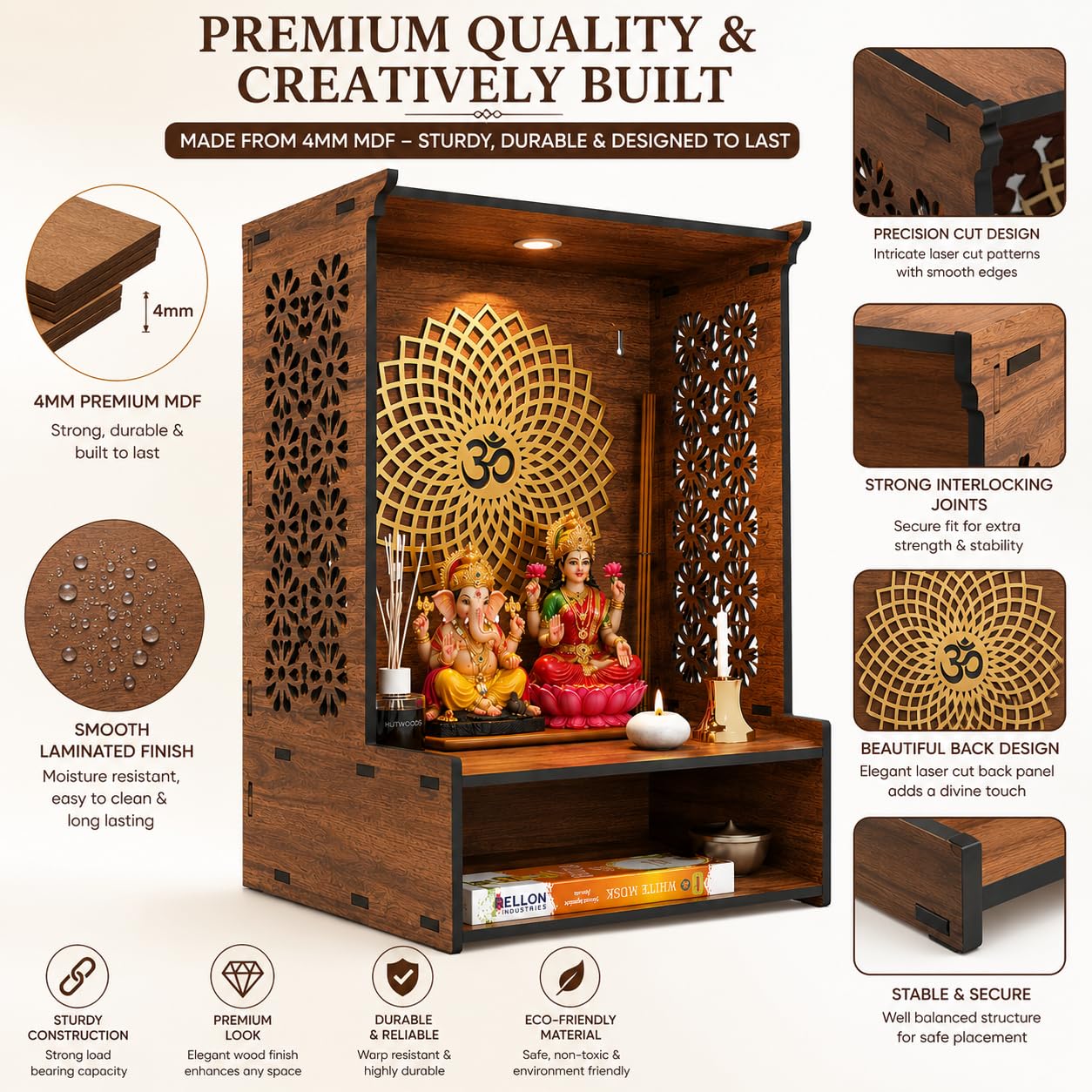 Fliptic Wooden Temple for Home with LED Spotlight | Wall Mounted Pooja Mandir for Home & Office | Decorative Wooden Mandir with Elegant Design for Living Room, Prayer Room & Home Temple Décor
