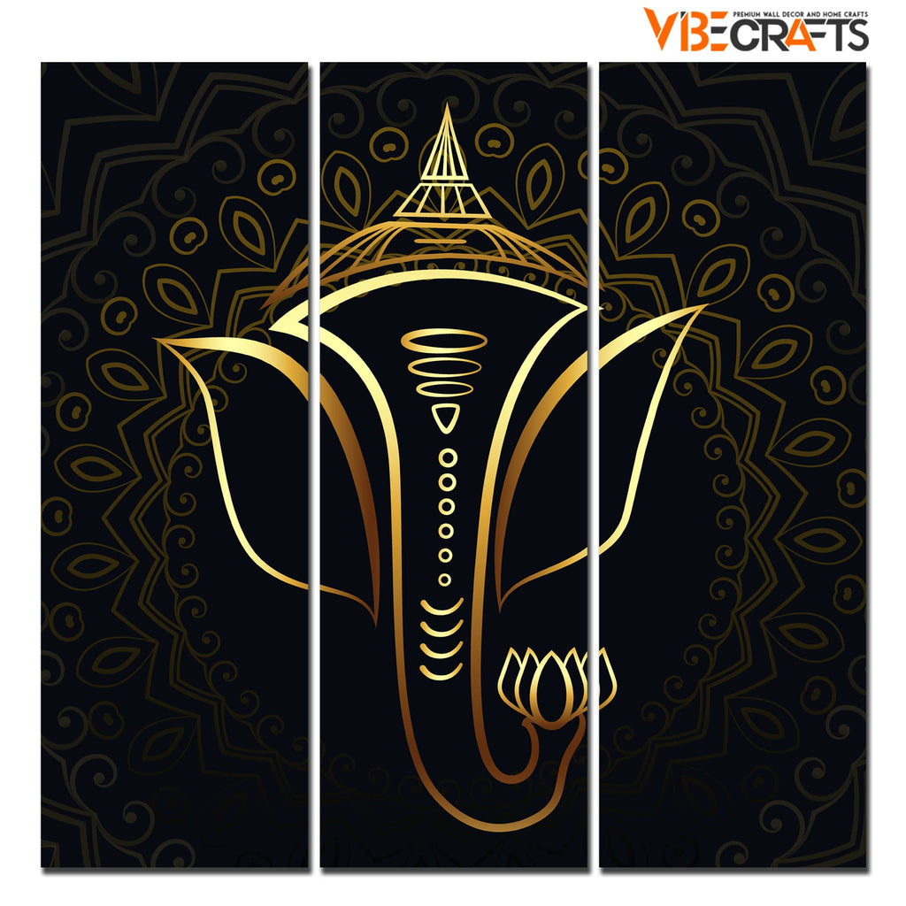 VIBECRAFTS 3 Pieces Shree Ganesha Canvas Wall Painting Fitted With Wooden Frame For Home | Office | Living Room | Gifts (PTVC3Pcs1_9589)
