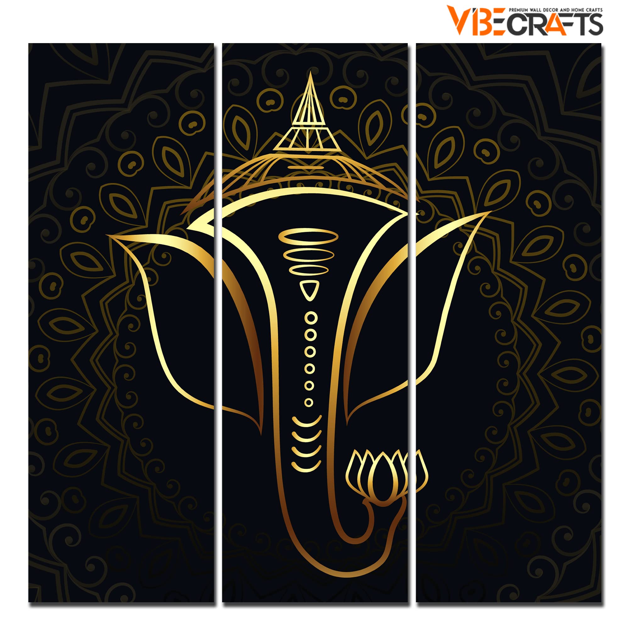 VIBECRAFTS 3 Pieces Shree Ganesha Canvas Wall Painting Fitted With Wooden Frame For Home | Office | Living Room | Gifts (PTVC3Pcs1_9589)