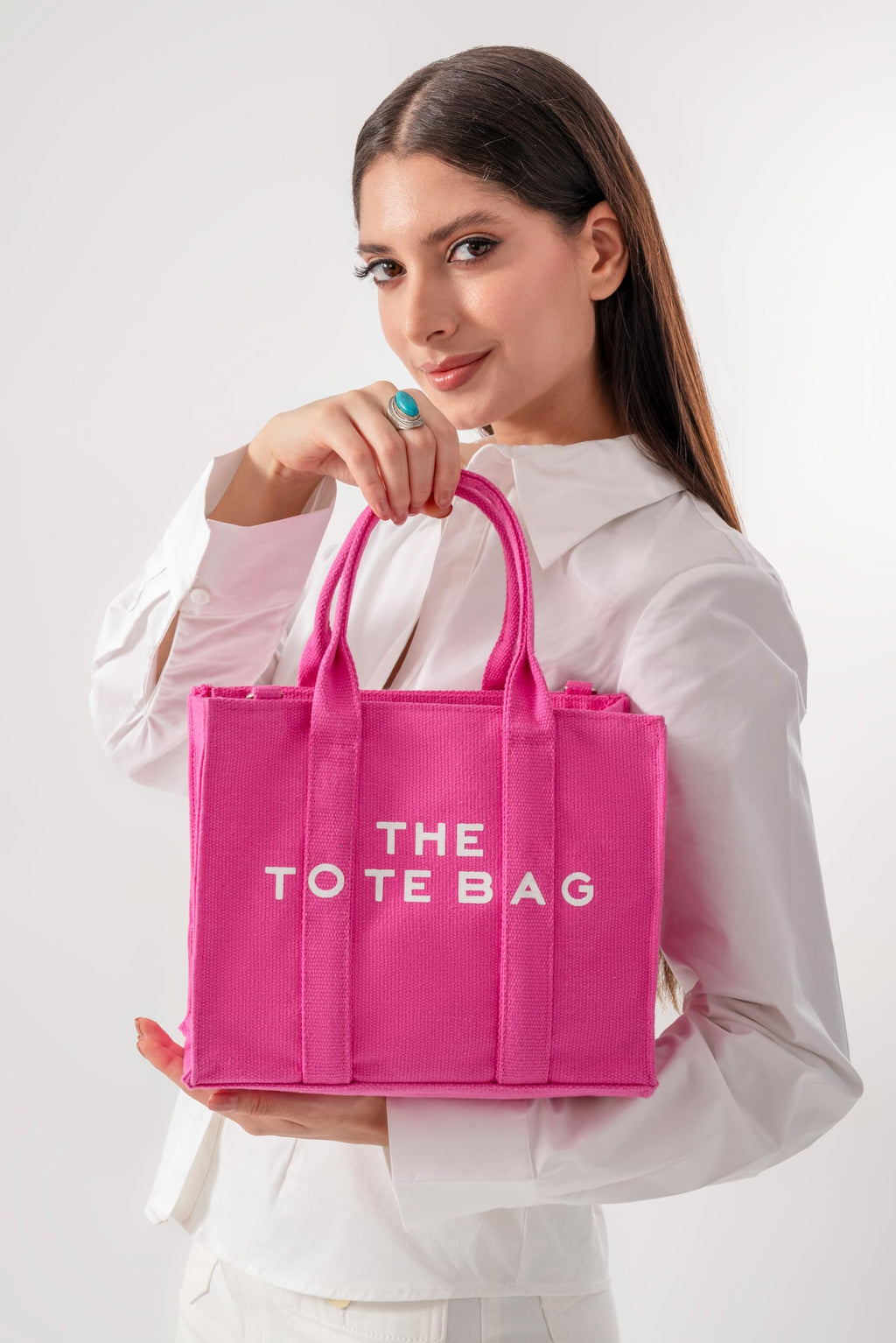 AQVA Small Tote Bag for Women with Pouch | 100% Cotton Canvas Mini Handbag | Stylish Shoulder Bag for Office, Travel, Daily Use (10x8x5 inch, Fuscia)