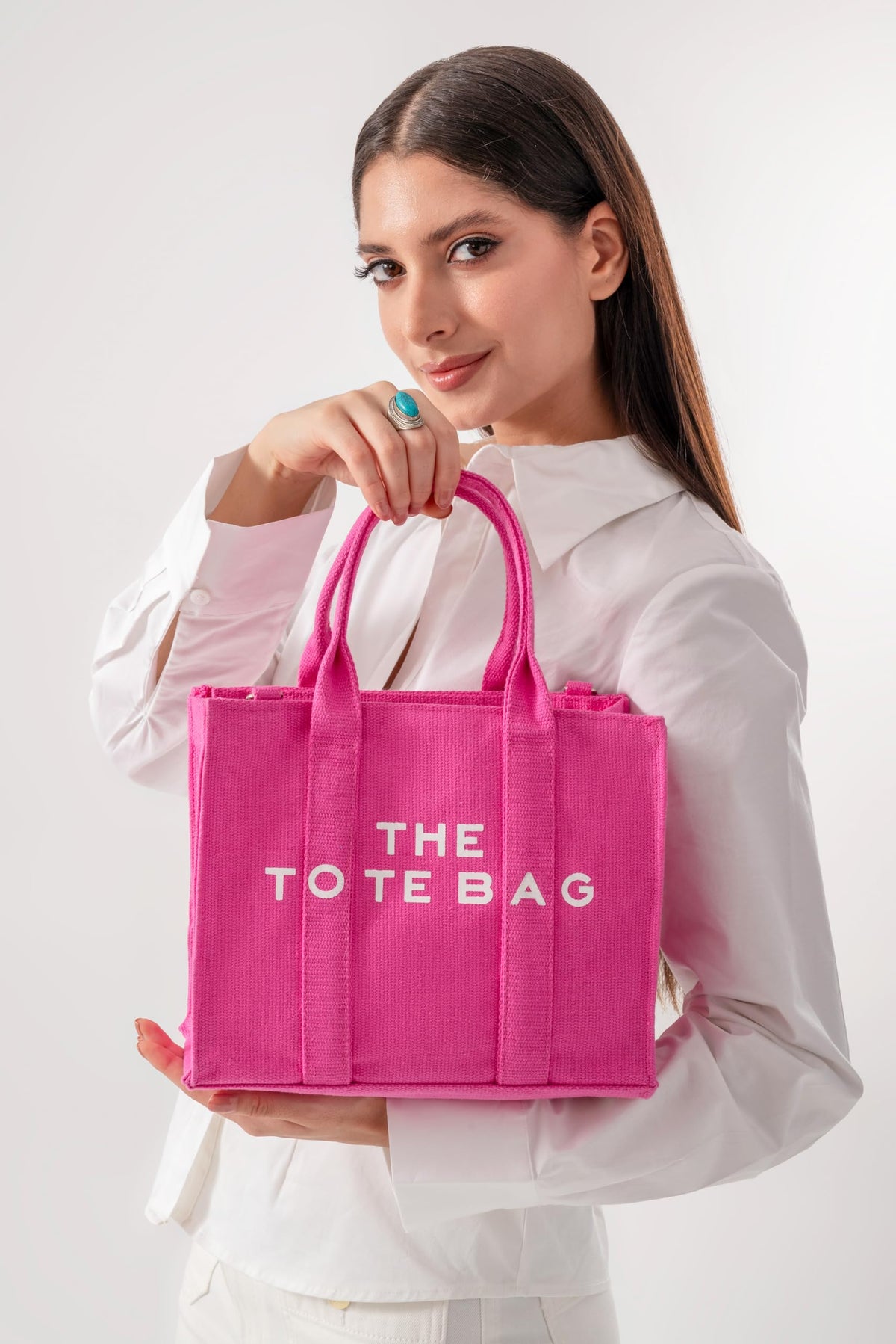 AQVA Small Tote Bag for Women with Pouch | 100% Cotton Canvas Mini Handbag | Stylish Shoulder Bag for Office, Travel, Daily Use (10x8x5 inch, Fuscia)