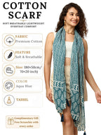 KE KANHA EXPORTS Scarf for Women Premium Cotton Boho | Dual Tone Border Print Stole with Tassels | Lightweight Summer Beach Wrap 180 x 50 cm |FREE Scrunchie Included (Aqua Blue)