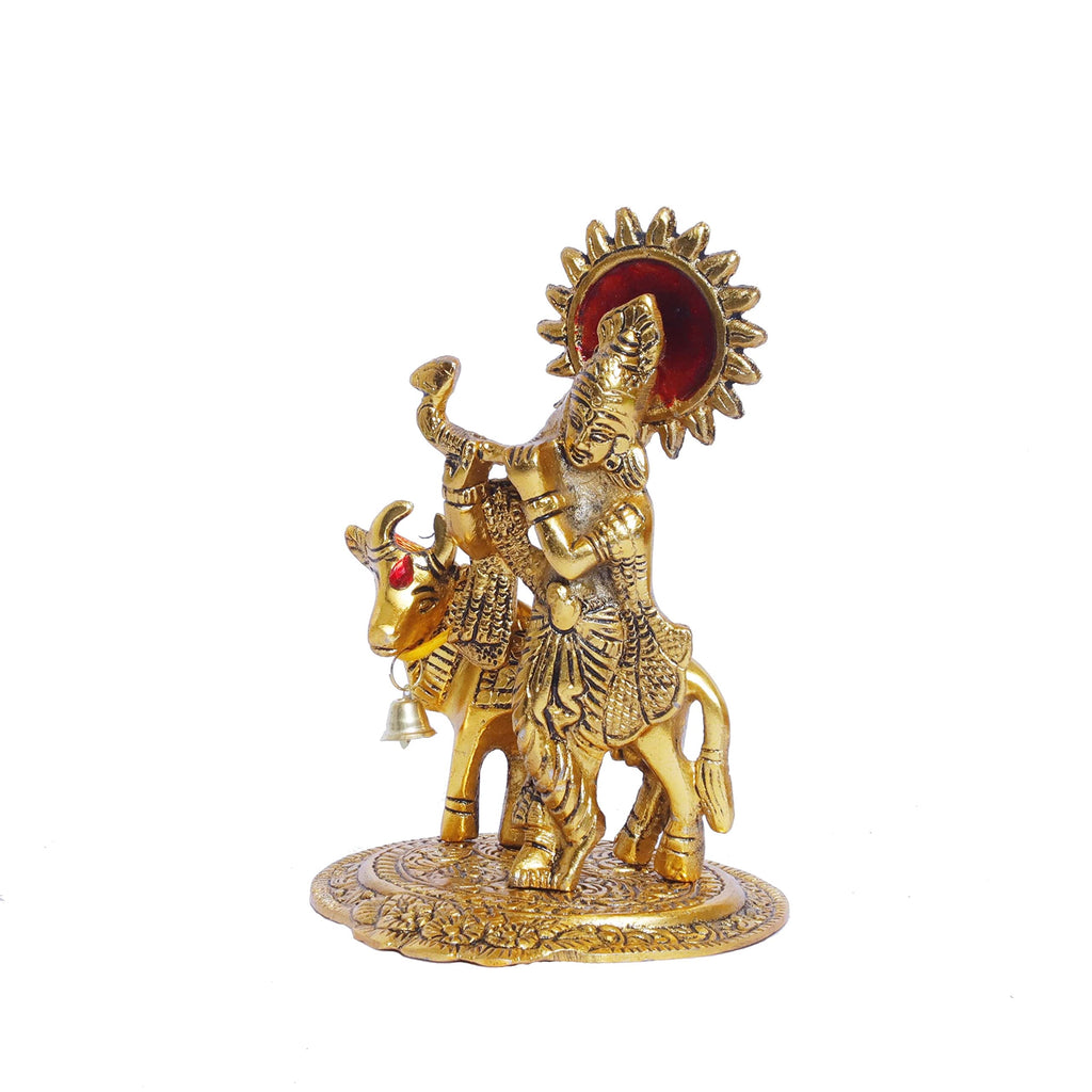 KridayKraft Lord Krishna with Cow Metal Statue,Krishna Murti Playing Flute for Temple Pooja,Decor Your Home,Office & Gift Your Relatives,Showpiece Figurines,Religious Idol