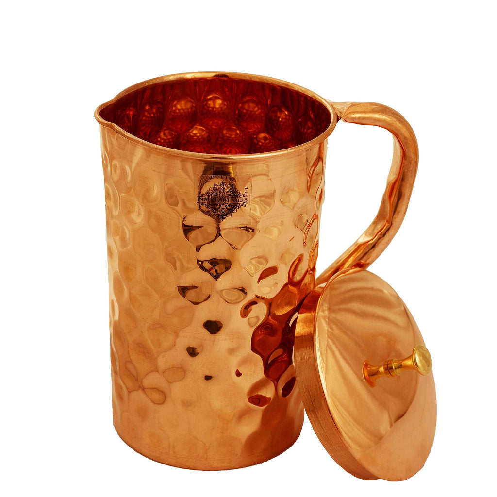 Indian Art Villa Diamond Design Copper Jug Pitcher with Brass Knob, Storage & Serving Water, Yoga Ayurveda Healing, Volume- 1500 ML