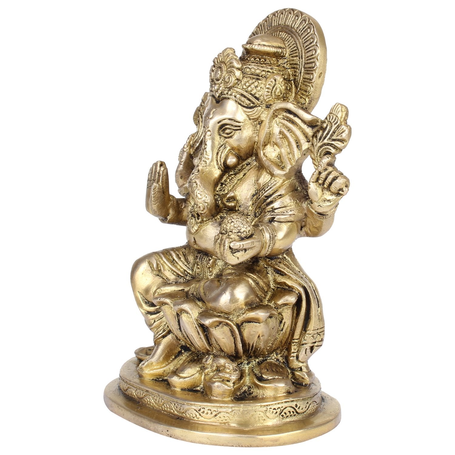 SVARUP Brass Ganesha Murti Ganesh Sitting on Lotus Idol Statue Figurine for Puja Decor Gift 7 Inch Gold Color