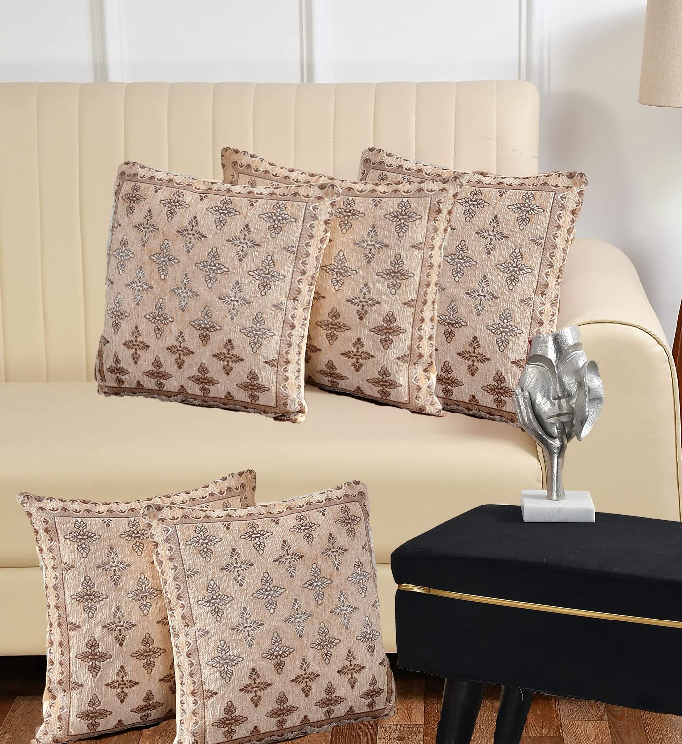 DECOMIZER Jacquard Geomteric Cushion Covers 24 inch x 24 inch Set of 5 Ethnic Motifs Cushion Covers,Design- Plus,Color- Beige