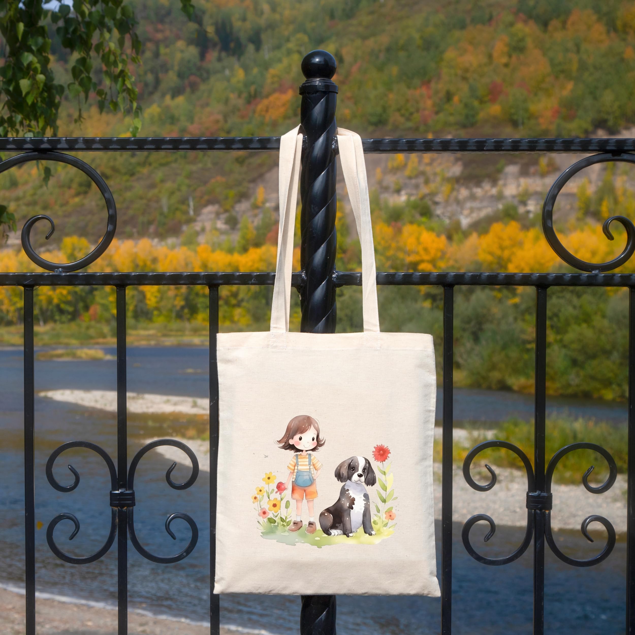 Metsi Canvas Tote Bag - Zipper Pocket With Girl and Puppy Print for Women 13x15 Inch, Eco-Friendly Multi-Purpose Cotton Tote Bag for Shopping, School, Beach, Groceries DIY Painting Gift Use - Design 2
